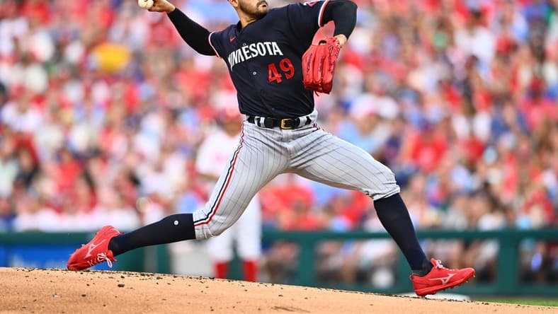 Aug 12, 2023; Philadelphia, Pennsylvania, USA; Minnesota Twins starting pitcher Pablo Lopez (49) throws a pitch against the Philadelphia Phillies in the first inning at Citizens Bank Park. Mandatory Credit: Kyle Ross-USA TODAY Sports