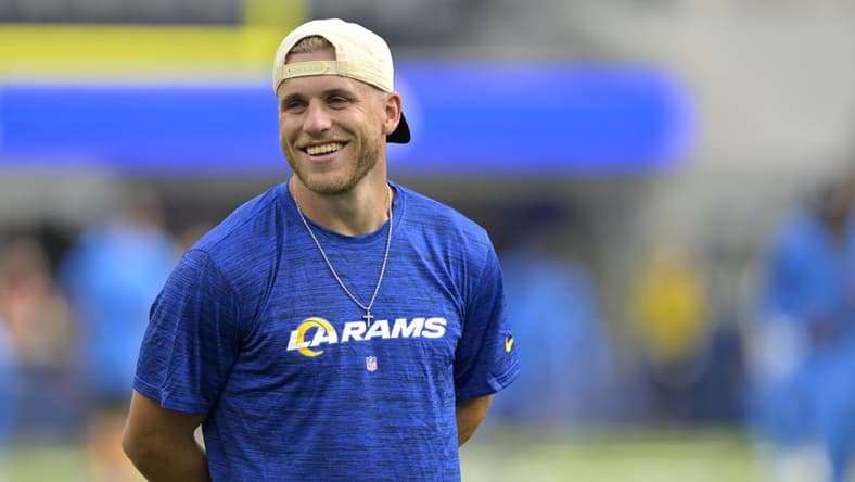 Aug 12, 2023; Inglewood, California, USA; Los Angeles Rams wide receiver Cooper Kupp (10) looks on from the field prior to the game against the Los Angeles Chargers at SoFi Stadium. Mandatory Credit: Jayne Kamin-Oncea-USA TODAY Sports