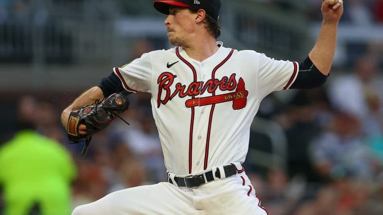 Aug 14, 2023; Atlanta, Georgia, USA; Atlanta Braves starting pitcher Max Fried (54) throws against the New York Yankees in the second inning at Truist Park. Mandatory Credit: Brett Davis-USA TODAY Sports
