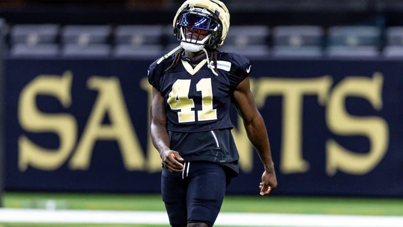 Aug 11, 2023; Metairie, LA, USA; New Orleans Saints running back Alvin Kamara (41) looks on during training camp at the Caesars Superdome. Mandatory Credit: Stephen Lew-USA TODAY Sports