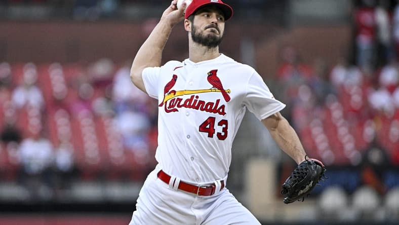 Aug 15, 2023; St. Louis, Missouri, USA;  St. Louis Cardinals starting pitcher Dakota Hudson (43) pitches against the Oakland Athletics during the first inning at Busch Stadium. Mandatory Credit: Jeff Curry-USA TODAY Sports