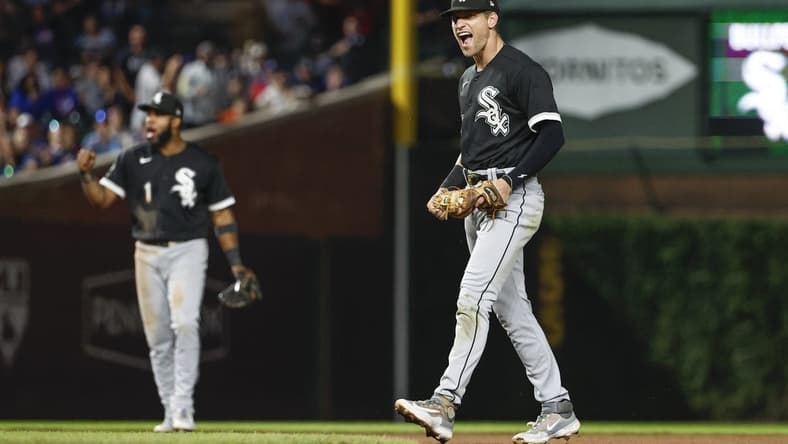 Aug 15, 2023; Chicago, Illinois, USA; Chicago White Sox second baseman Zach Remillard (28) celebrates after tagging out Chicago Cubs second baseman Nico Hoerner at second base during the seventh inning at Wrigley Field. Mandatory Credit: Kamil Krzaczynski-USA TODAY Sports