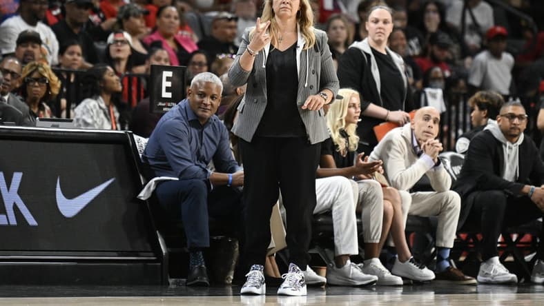Aug 15, 2023; Las Vegas, Nevada, USA; Las Vegas Aces head coach Becky Hammon gestures to players during the second quarter against the New York Liberty at Michelob Ultra Arena. Mandatory Credit: Candice Ward-USA TODAY Sports