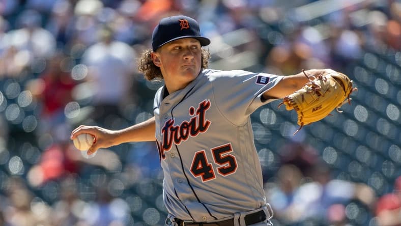 Aug 16, 2023; Minneapolis, Minnesota, USA; Detroit Tigers starting pitcher Reese Olson (45) delivers a pitch against the Minnesota Twins in the first inning at Target Field. Mandatory Credit: Jesse Johnson-USA TODAY Sports