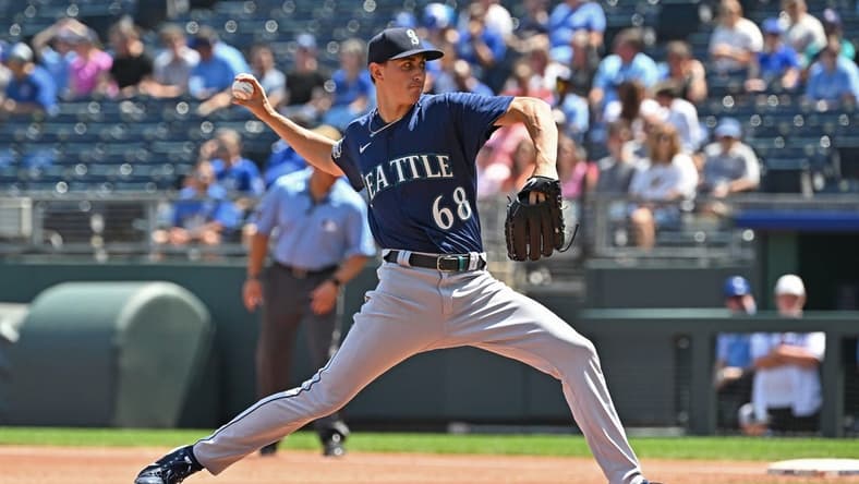 Aug 17, 2023; Kansas City, Missouri, USA;  Seattle Mariners starting pitcher George Kirby (68) delivers a pitch in the first inning against the Kansas City Royals at Kauffman Stadium. Mandatory Credit: Peter Aiken-USA TODAY Sports