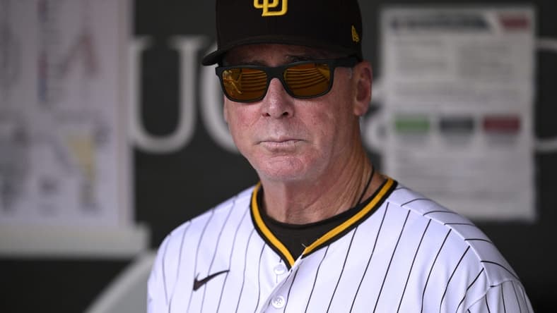 Aug 19, 2023; San Diego, California, USA; San Diego Padres manager Bob Melvin (3) looks on before the game against the Arizona Diamondbacks at Petco Park. Mandatory Credit: Orlando Ramirez-USA TODAY Sports