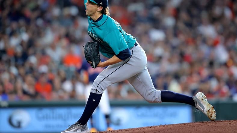 Aug 19, 2023; Houston, Texas, USA; Seattle Mariners starting pitcher Logan Gilbert (36) delivers a pitch against the Houston Astros during the first inning during the first inning at Minute Maid Park. Mandatory Credit: Erik Williams-USA TODAY Sports