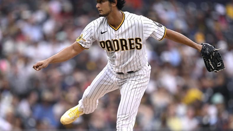 Aug 19, 2023; San Diego, California, USA; San Diego Padres starting pitcher Yu Darvish (11) throws a pitch against the Arizona Diamondbacks during the third inning at Petco Park. Mandatory Credit: Orlando Ramirez-USA TODAY Sports