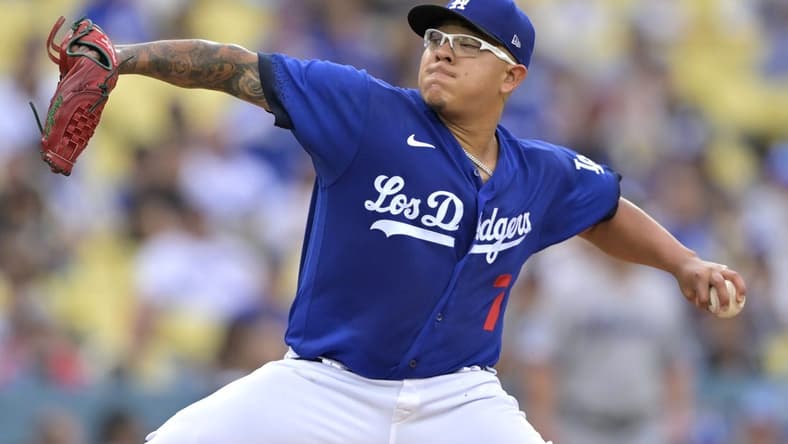 Aug 19, 2023; Los Angeles, California, USA;  Los Angeles Dodgers starting pitcher Julio Urias (7) throws to the plate in the first inning against the Miami Marlins at Dodger Stadium. Mandatory Credit: Jayne Kamin-Oncea-USA TODAY Sports