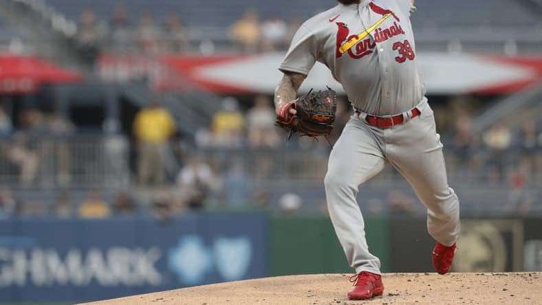 Aug 21, 2023; Pittsburgh, Pennsylvania, USA;  St. Louis Cardinals starting pitcher Drew Rom (38) delivers a pitch in his major league debut against the Pittsburgh Pirates during the first inning at PNC Park. Mandatory Credit: Charles LeClaire-USA TODAY Sports