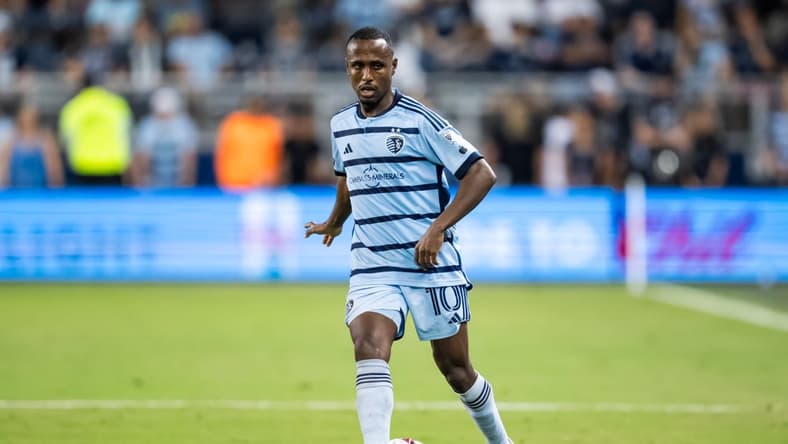 Aug 4, 2023; Kansas City, KS, USA; Sporting Kansas City midfielder Gadi Kinda (10) passes the ball during the second half against Toluca at Children's Mercy Park. Mandatory Credit: Jay Biggerstaff-USA TODAY Sports
