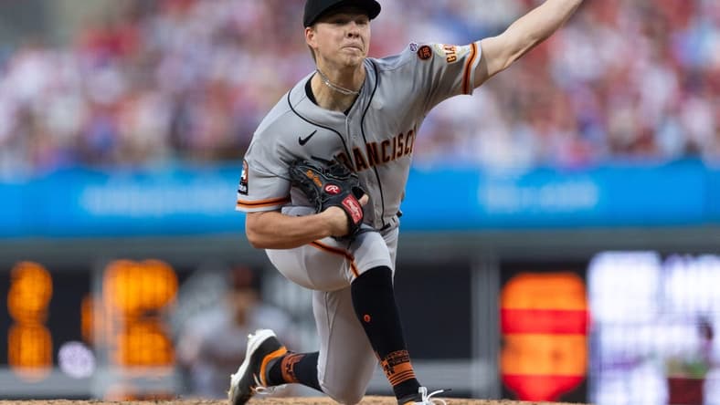 Aug 22, 2023; Philadelphia, Pennsylvania, USA; San Francisco Giants starting pitcher Kyle Harrison (45) throws a pitch during the second inning against the Philadelphia Phillies at Citizens Bank Park. Mandatory Credit: Bill Streicher-USA TODAY Sports