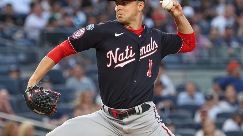 Aug 23, 2023; Bronx, New York, USA; Washington Nationals starting pitcher MacKenzie Gore (1) delivers a pitch during the first inning against the New York Yankees at Yankee Stadium. Mandatory Credit: Vincent Carchietta-USA TODAY Sports