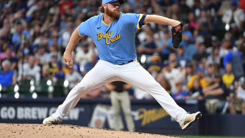 Aug 25, 2023; Milwaukee, Wisconsin, USA; Milwaukee Brewers starting pitcher Brandon Woodruff (53) delivers a pitch against the San Diego Padres in the fifth inning at American Family Field. Mandatory Credit: Michael McLoone-USA TODAY Sports