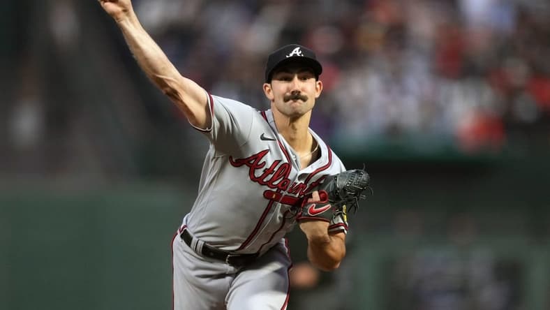 Aug 25, 2023; San Francisco, California, USA; Atlanta Braves starting pitcher Spencer Strider (99) throws a pitch against the San Francisco Giants during the third inning at Oracle Park. Mandatory Credit: Darren Yamashita-USA TODAY Sports