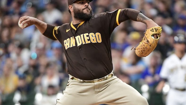 Aug 26, 2023; Milwaukee, Wisconsin, USA;  San Diego Padres pitcher Pedro Avila (60) pitches against the Milwaukee Brewers in the first inning at American Family Field. Mandatory Credit: Benny Sieu-USA TODAY Sports