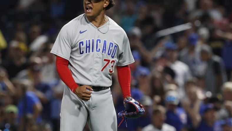 Aug 26, 2023; Pittsburgh, Pennsylvania, USA;  Chicago Cubs relief pitcher Adbert Alzolay (73) reacts after defeating the Pittsburgh Pirates at PNC Park. Chicago won 10-6. Mandatory Credit: Charles LeClaire-USA TODAY Sports