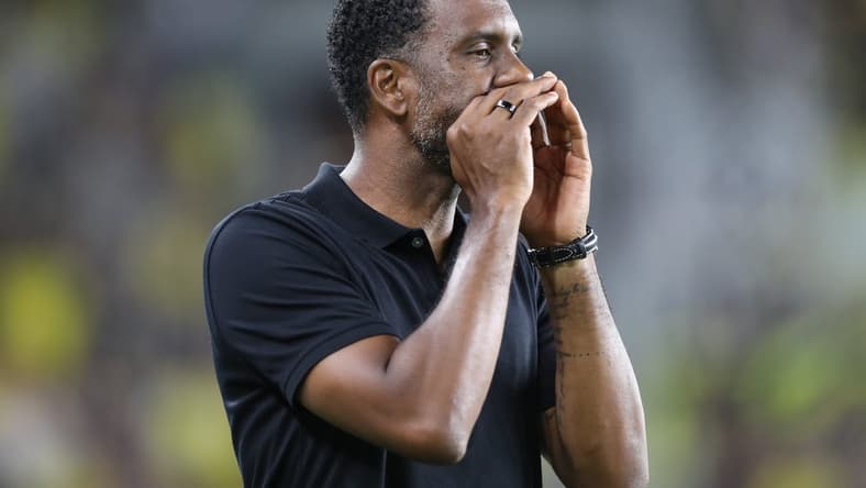 Aug 26, 2023; Columbus, Ohio, USA; Columbus Crew SC Head Coach Wilfried Nancy gestures during the second half at Lower.com Field. Mandatory Credit: Joseph Maiorana-USA TODAY Sports