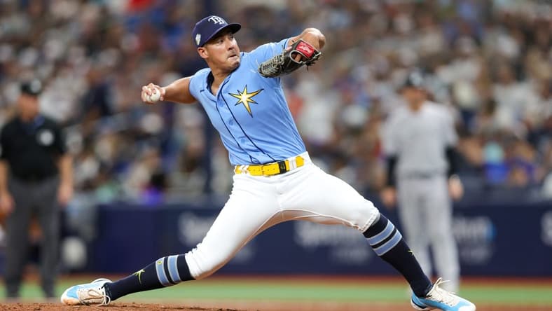 Aug 27, 2023; St. Petersburg, Florida, USA; Tampa Bay Rays relief pitcher Robert Stephenson (26) throws a pitch against the New York Yankees in the eighth inning at Tropicana Field. Mandatory Credit: Nathan Ray Seebeck-USA TODAY Sports