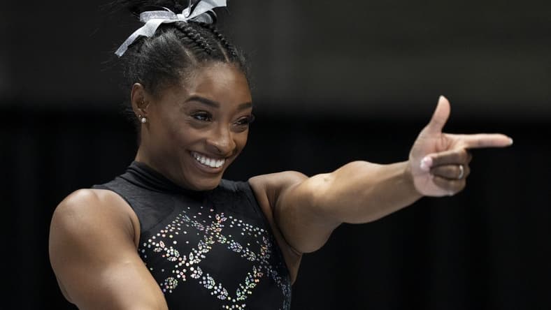 August 27, 2023; San Jose, California, USA; Simone Biles practices her routine during the 2023 U.S. Gymnastics Championships at SAP Center. Mandatory Credit: Kyle Terada-USA TODAY