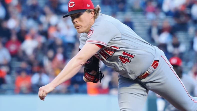 Aug 28, 2023; San Francisco, California, USA; Cincinnati Reds starting pitcher Andrew Abbott (41) pitches the ball against the San Francisco Giants during the first inning at Oracle Park. Mandatory Credit: Kelley L Cox-USA TODAY Sports