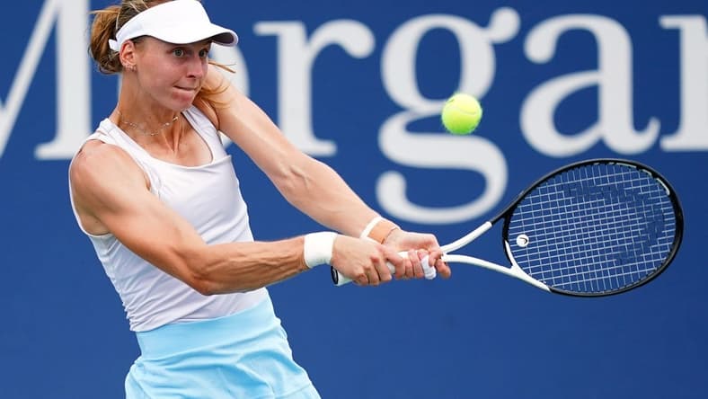 Aug 29, 2023; Flushing, NY, USA; Liudmila Samsonova hits a shot against Claire Liu of the United States on day two of the 2023 U.S. Open tennis tournament at the USTA Billie Jean King National Tennis Center. Mandatory Credit: Jerry Lai-USA TODAY Sports