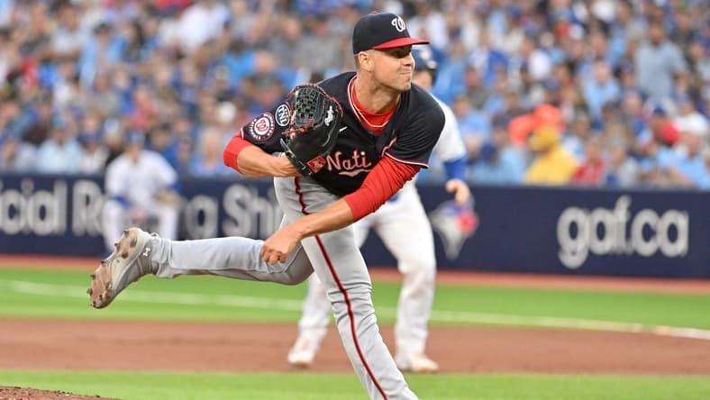 Aug 29, 2023; Toronto, Ontario, CAN;   Washington Nationals starting pitcher MacKenzie Gore (1) delivers a pitch against the Toronto Blue Jays in the first inning at Rogers Centre. Mandatory Credit: Dan Hamilton-USA TODAY Sports