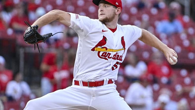 Aug 29, 2023; St. Louis, Missouri, USA;  St. Louis Cardinals starting pitcher Zack Thompson (57) pitches against the San Diego Padres during the first inning at Busch Stadium. Mandatory Credit: Jeff Curry-USA TODAY Sports