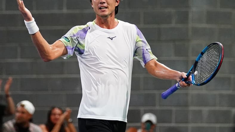 Aug 29, 2023; Flushing, NY, USA; Taro Daniel of Japan celebrates after winning a point against Gael Monfils of France on day two of the 2023 U.S. Open tennis tournament at the USTA Billie Jean King National Tennis Center. Mandatory Credit: Jerry Lai-USA TODAY Sports