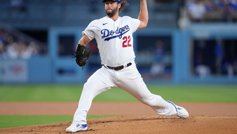 Aug 29, 2023; Los Angeles, California, USA; Los Angeles Dodgers starting pitcher Clayton Kershaw (22) pitches in the first inning against the Arizona Diamondbacks at Dodger Stadium. Mandatory Credit: Kirby Lee-USA TODAY Sports