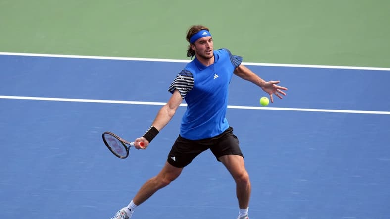 Aug 30, 2023; Flushing, NY, USA; Stefanos Tsitsipas of Greece hits to Dominic Stricker of Switzerland on day three of the 2023 U.S. Open tennis tournament at USTA Billie Jean King National Tennis Center. Mandatory Credit: Danielle Parhizkaran-USA TODAY Sports