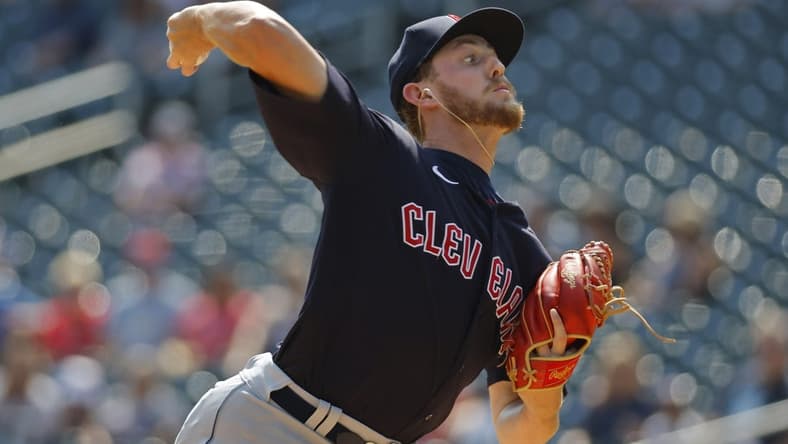 Aug 30, 2023; Minneapolis, Minnesota, USA; Cleveland Guardians starting pitcher Tanner Bibee (61) throws to the Minnesota Twins in the second inning at Target Field. Mandatory Credit: Bruce Kluckhohn-USA TODAY Sports