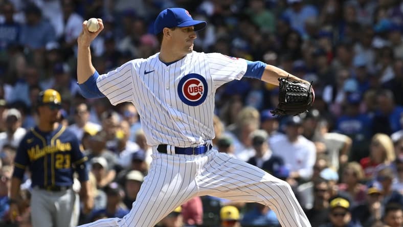 Aug 30, 2023; Chicago, Illinois, USA; Chicago Cubs starting pitcher Kyle Hendricks (28) delivers  against the Milwaukee Brewers during the second inning at Wrigley Field. Mandatory Credit: Matt Marton-USA TODAY Sports