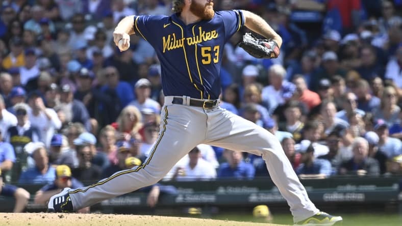 Aug 30, 2023; Chicago, Illinois, USA; Milwaukee Brewers starting pitcher Brandon Woodruff (53) delivers  against the Chicago Cubs during the second inning at Wrigley Field. Mandatory Credit: Matt Marton-USA TODAY Sports