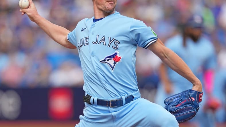 Aug 30, 2023; Toronto, Ontario, CAN; Toronto Blue Jays starting pitcher Chris Bassitt (40) throws a pitch against the Washington Nationals during the first inning at Rogers Centre. Mandatory Credit: Nick Turchiaro-USA TODAY Sports
