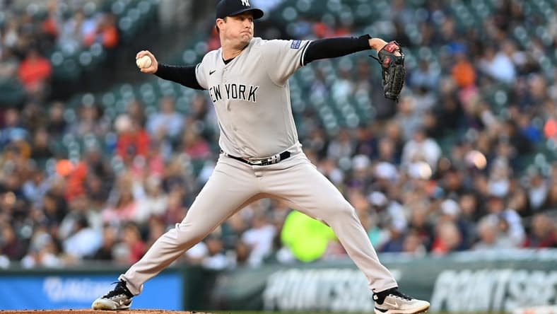 Aug 30, 2023; Detroit, Michigan, USA; New York Yankees starting pitcher Gerrit Cole (45) throws a pitch against the Detroit Tigers in the first inning at Comerica Park. Mandatory Credit: Lon Horwedel-USA TODAY Sports