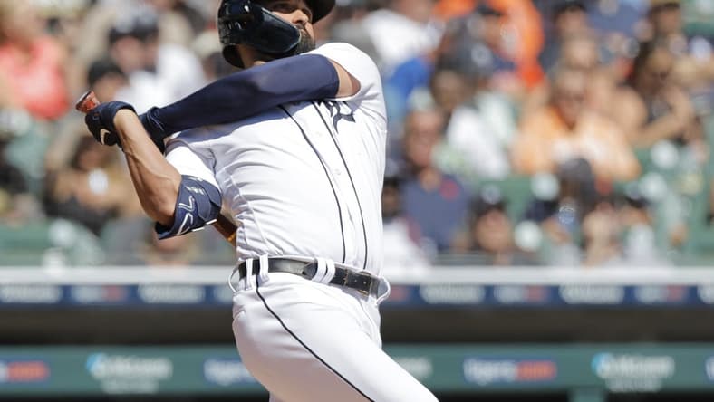 Aug 31, 2023; Detroit, Michigan, USA; Detroit Tigers center fielder Riley Greene (31) hits an RBI single in the fifth inning against the New York Yankees at Comerica Park. Mandatory Credit: Rick Osentoski-USA TODAY Sports