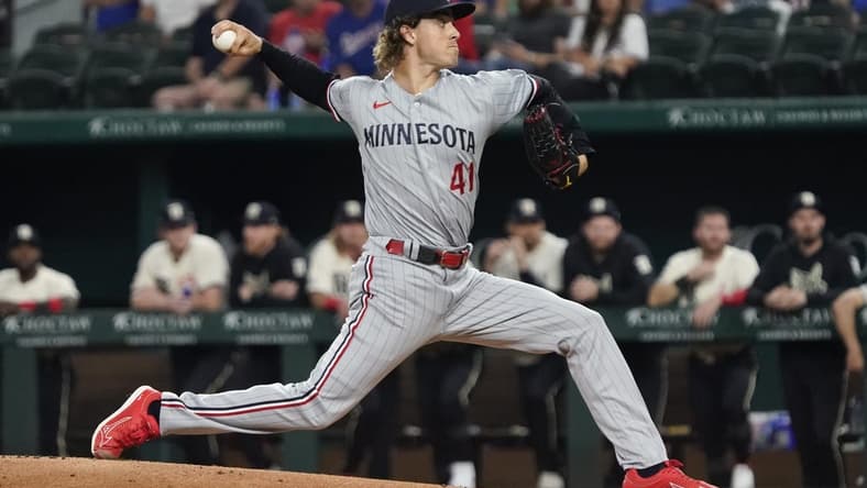 Sep 1, 2023; Arlington, Texas, USA; Minnesota Twins starting pitcher Joe Ryan (41) throws to the plate during the first inning against the Texas Rangers at Globe Life Field. Mandatory Credit: Raymond Carlin III-USA TODAY Sports