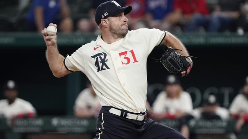 Sep 1, 2023; Arlington, Texas, USA; Texas Rangers starting pitcher Max Scherzer (31) throws to the plate during the first inning against the Minnesota Twins at Globe Life Field. Mandatory Credit: Raymond Carlin III-USA TODAY Sports