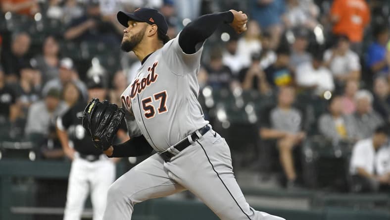 Sep 1, 2023; Chicago, Illinois, USA;  Detroit Tigers starting pitcher Eduardo Rodriguez (57) delivers a pitch against the Chicago White Sox during the first inning at Guaranteed Rate Field. Mandatory Credit: Matt Marton-USA TODAY Sports