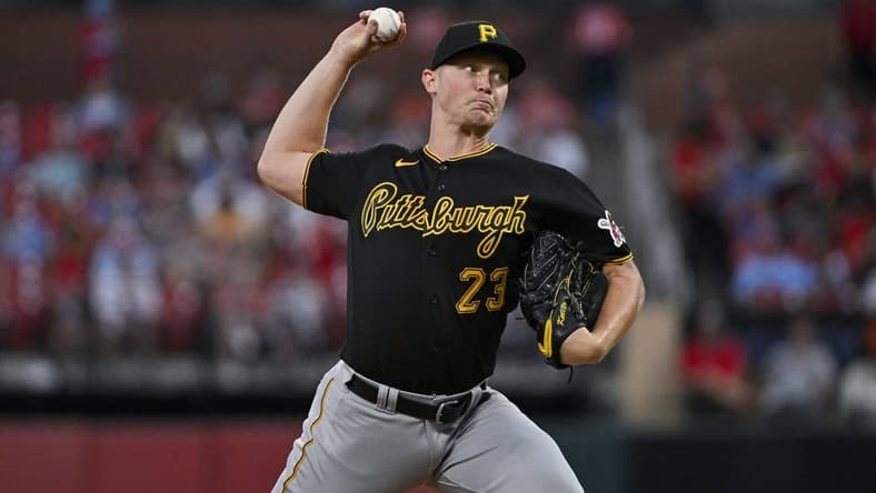 Sep 1, 2023; St. Louis, Missouri, USA;  Pittsburgh Pirates starting pitcher Mitch Keller (23) pitches against the St. Louis Cardinals during the first inning at Busch Stadium. Mandatory Credit: Jeff Curry-USA TODAY Sports
