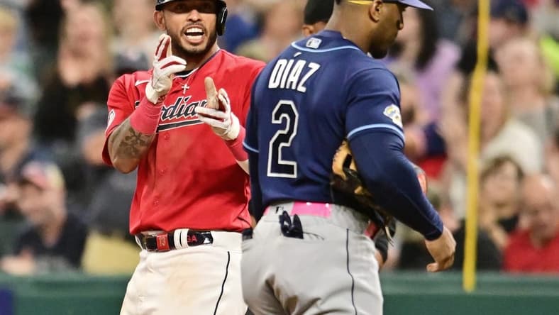 Sep 1, 2023; Cleveland, Ohio, USA; Cleveland Guardians shortstop Gabriel Arias, left, celebrates after hitting an RBI single during the seventh inning against the Tampa Bay Rays at Progressive Field. Mandatory Credit: Ken Blaze-USA TODAY Sports