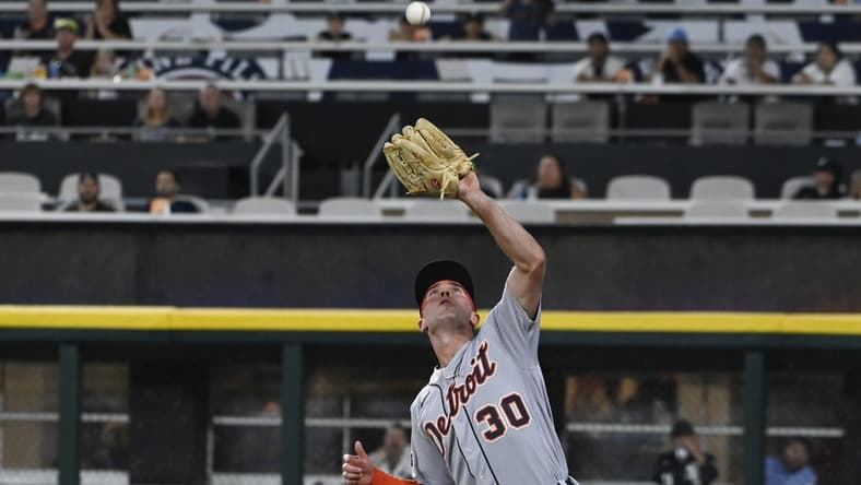 Sep 1, 2023; Chicago, Illinois, USA; Detroit Tigers right fielder Kerry Carpenter (30) catches a fly ball in foul territory  hit by Chicago White Sox first baseman Andrew Vaughn (not shown) during the second inning at Guaranteed Rate Field. Mandatory Credit: Matt Marton-USA TODAY Sports