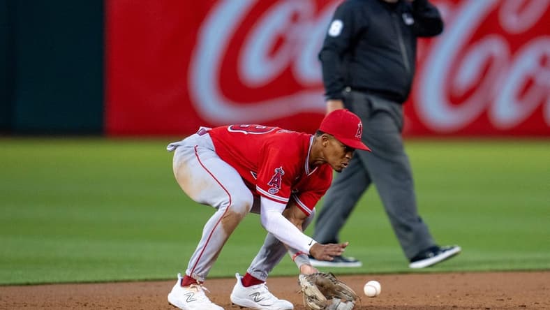 Sep 1, 2023; Oakland, California, USA;  Los Angeles Angels shortstop Kyren Paris (19) fields a ground ball during the third inning against the Oakland Athletics at Oakland-Alameda County Coliseum. Mandatory Credit: Neville E. Guard-USA TODAY Sports
