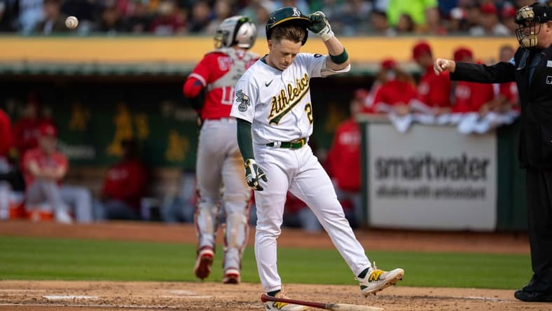 Sep 1, 2023; Oakland, California, USA;  Oakland Athletics shortstop Nick Allen (2) reacts after a called third strike against the Los Angeles Angels during the second inning at Oakland-Alameda County Coliseum. Mandatory Credit: Neville E. Guard-USA TODAY Sports