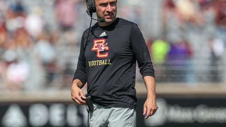 Sep 2, 2023; Chestnut Hill, Massachusetts, USA; Boston College Easgles head coach Jeff Hafley reacts during the second half against the Northern Illinois Huskies at Alumni Stadium. Mandatory Credit: Paul Rutherford-USA TODAY Sports