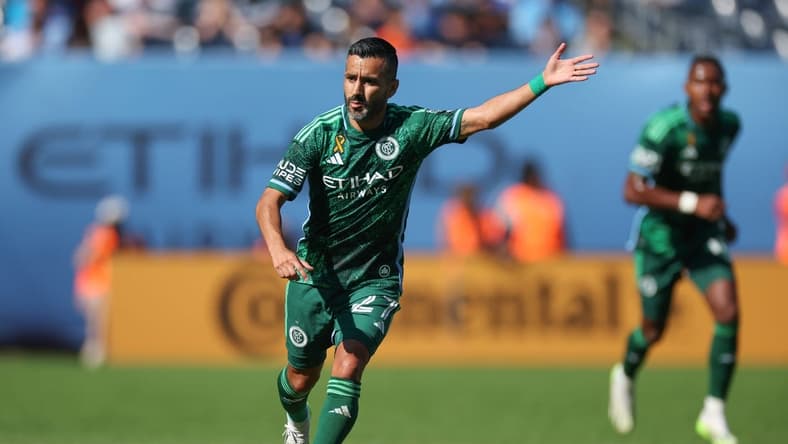 Sep 2, 2023; New York, New York, USA; New York City FC midfielder Maxi Moralez (27) runs up field against the Vancouver Whitecaps during the first half at Yankee Stadium. Mandatory Credit: Vincent Carchietta-USA TODAY Sports