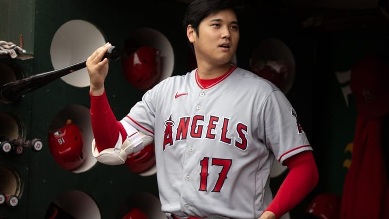 Sep 2, 2023; Oakland, California, USA; Los Angeles Angels designated hitter Shohei Ohtani (17) prepares for a game against the Oakland Athletics at Oakland-Alameda County Coliseum. Mandatory Credit: D. Ross Cameron-USA TODAY Sports