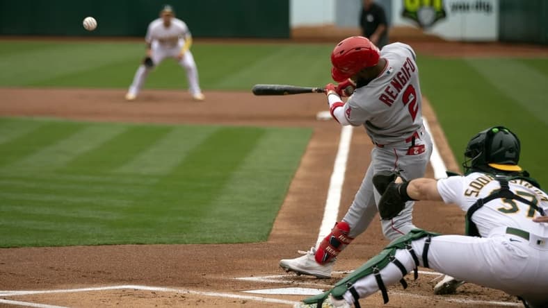 Sep 2, 2023; Oakland, California, USA; Los Angeles Angels right fielder Luis Rengifo (2) pops up a ball to short left field that allowed Nolan Schanuel to tag and score from third base against the Oakland Athletics during the first inning at Oakland-Alameda County Coliseum. Mandatory Credit: D. Ross Cameron-USA TODAY Sports