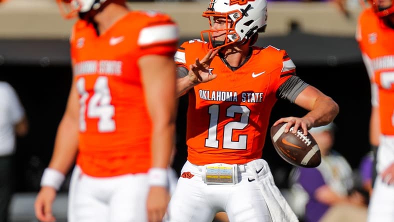 Sep 2, 2023; Stillwater, Oklahoma, USA; Oklahoma State's Gunnar Gundy (12) warms up before an NCAA football game between Oklahoma State and Central Arkansas at Boone Pickens Stadium. Mandatory Credit: Nathan J. Fish-USA TODAY Sports